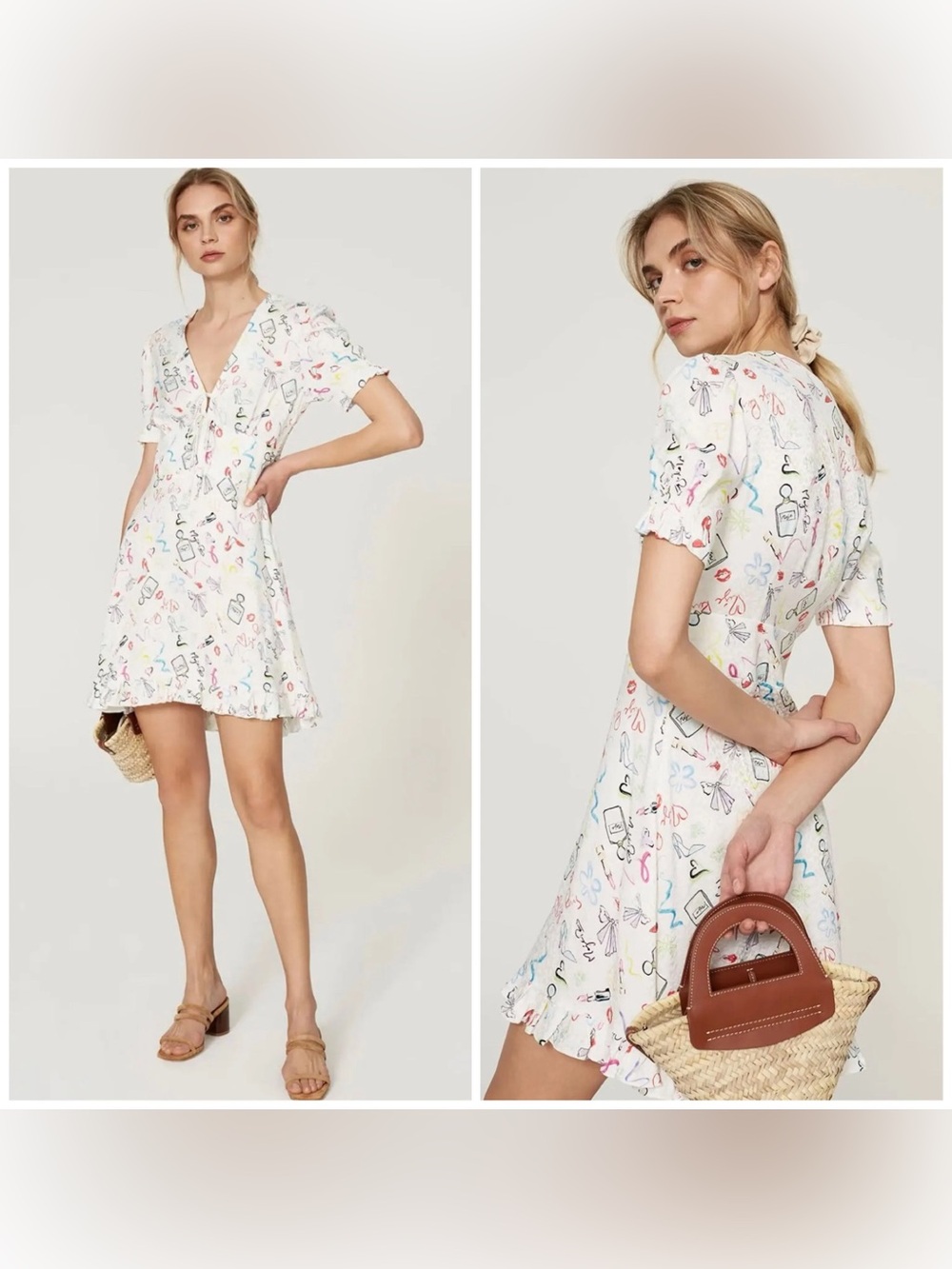Maje Ramake Printed Ruffle Mini Dress White Multi FR 38 US 6